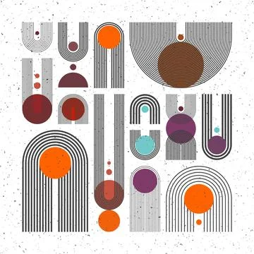 Mid century arch, circle elements, modern geometric shapes with grunge texture Illustrazione stock