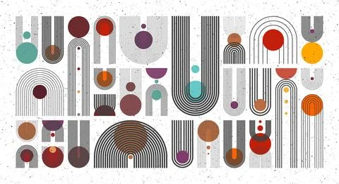 Mid century arch, circle elements, modern geometric shapes with grunge texture 스톡 일러스트