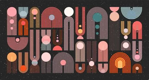 Mid century arch, circle elements, modern geometric shapes with grunge texture Illustrazione stock