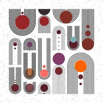 Mid century arch, circle elements, modern geometric shapes with grunge texture Stock Illustration