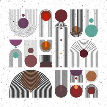 Mid century arch, circle elements, modern geometric shapes with grunge texture Illustrazione stock