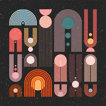 Mid century arch, circle elements, modern geometric shapes with grunge texture Illustrazione stock