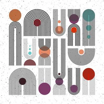 Mid century arch, circle elements, modern geometric shapes with grunge texture Illustrazione stock