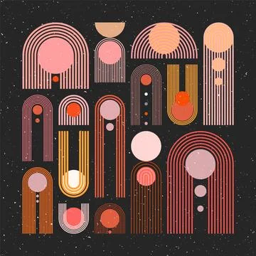 Mid century arch, circle elements, modern geometric shapes with grunge texture Stockillustratie