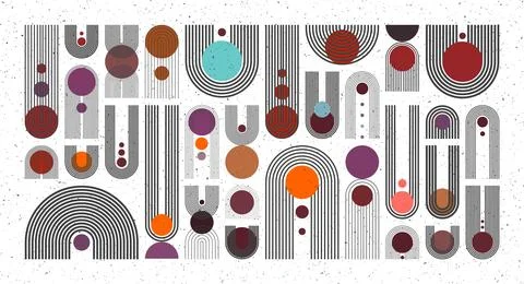 Mid century arch, circle elements, modern geometric shapes with grunge texture Illustrazione stock