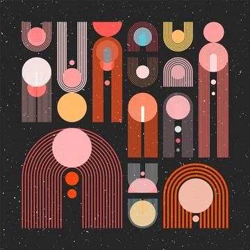 Mid century arch, circle elements, modern geometric shapes with grunge texture Stock Illustration