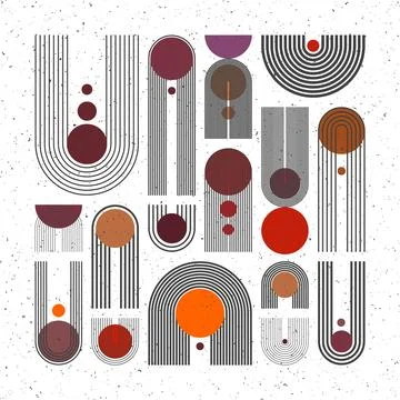 Mid century arch, circle elements, modern geometric shapes with grunge texture Illustrazione stock