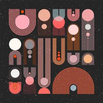 Mid century arch, circle elements, modern geometric shapes with grunge texture 스톡 일러스트
