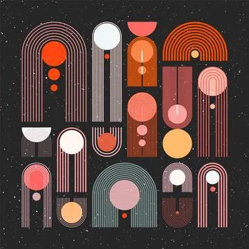 Mid century arch, circle elements, modern geometric shapes with grunge texture Illustrazione stock