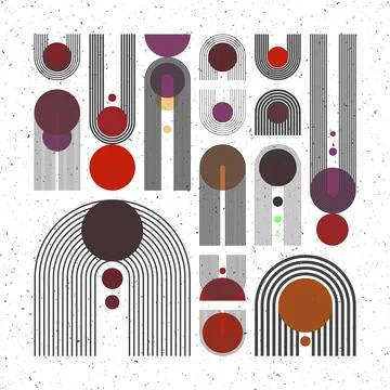 Mid century arch, circle elements, modern geometric shapes with grunge texture Illustrazione stock