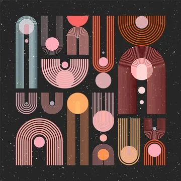 Mid century arch, circle elements, modern geometric shapes with grunge texture Illustrazione stock