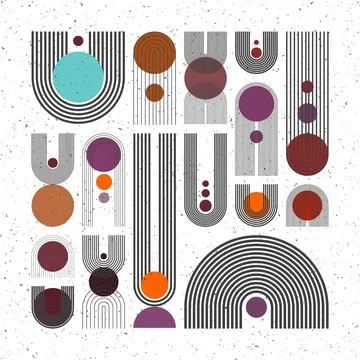 Mid century arch, circle elements, modern geometric shapes with grunge texture 스톡 일러스트