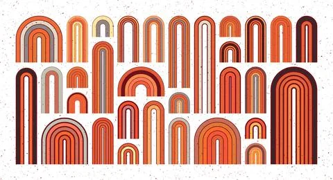 Mid century arch elements, modern geometric shapes, grunge rainbow. Contemporary Illustrazione stock
