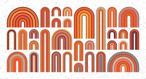 Mid century arch elements, modern geometric shapes, grunge rainbow. Contemporary Stock Illustration
