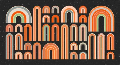 Mid century arch elements, modern geometric shapes, grunge rainbow. Contemporary Stock Illustration
