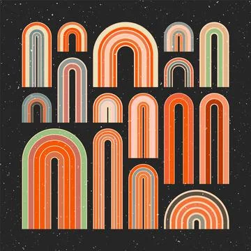 Mid century arch elements, modern geometric shapes, grunge rainbow. Contemporary Stock Illustration