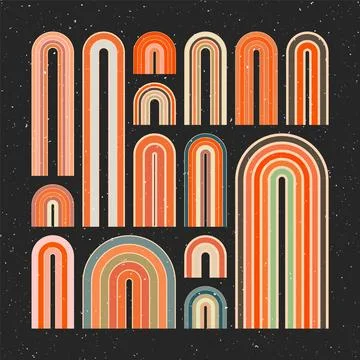 Mid century arch elements, modern geometric shapes, grunge rainbow. Contemporary Stock Illustration