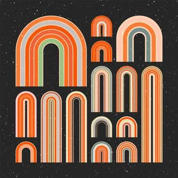 Mid century arch elements, modern geometric shapes, grunge rainbow. Contemporary Stock Illustration