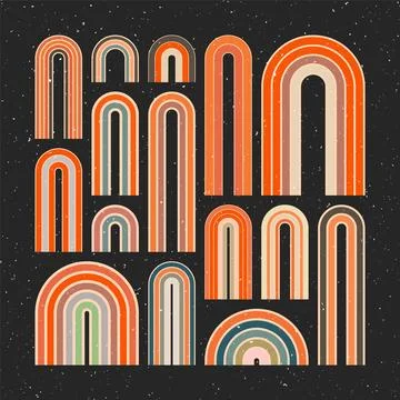 Mid century arch elements, modern geometric shapes, grunge rainbow. Contemporary Stock Illustration