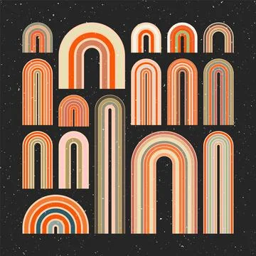 Mid century arch elements, modern geometric shapes, grunge rainbow. Contemporary Stock Illustration