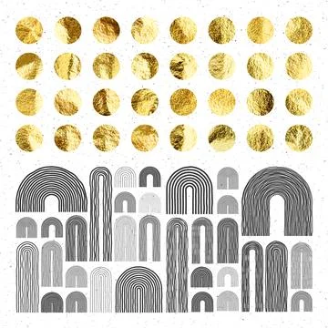 Mid century arch elements, modern geometric shapes. Gold foil, shiny handmade Stock Illustration