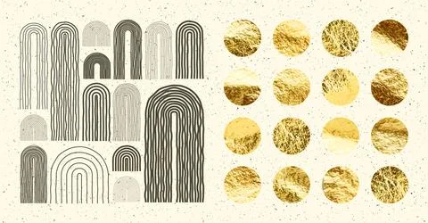 Mid century arch elements, modern geometric shapes. Gold foil, shiny handmade Stock Illustration