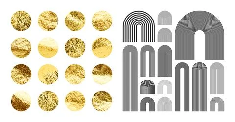 Mid century arch elements, modern geometric shapes. Gold foil, shiny handmade イラスト素材