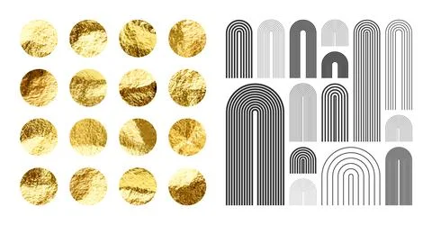 Mid century arch elements, modern geometric shapes. Gold foil, shiny handmade Stock Illustration
