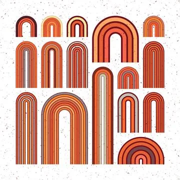 Mid century arch elements, modern geometric shapes, grunge rainbow. Contemporary Stock Illustration