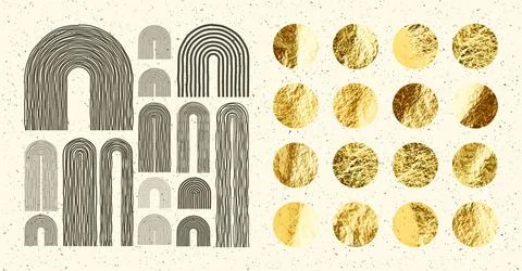 Mid century arch elements, modern geometric shapes. Gold foil, shiny handmade Stock Illustration