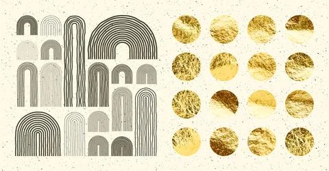 Mid century arch elements, modern geometric shapes. Gold foil, shiny handmade Illustrazione stock