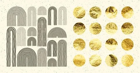 Mid century arch elements, modern geometric shapes. Gold foil, shiny handmade Stock Illustration