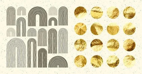 Mid century arch elements, modern geometric shapes. Gold foil, shiny handmade Stock Illustration