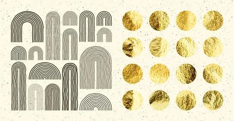 Mid century arch elements, modern geometric shapes. Gold foil, shiny handmade Illustrazione stock