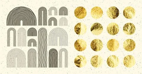 Mid century arch elements, modern geometric shapes. Gold foil, shiny handmade Illustrazione stock