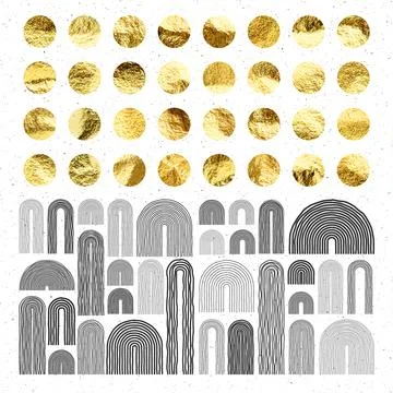Mid century arch elements, modern geometric shapes. Gold foil, shiny handmade Stock Illustration