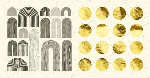 Mid century arch elements, modern geometric shapes. Gold foil, shiny handmade Illustrazione stock