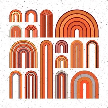 Mid century arch elements, modern geometric shapes, grunge rainbow. Contemporary Stock Illustration