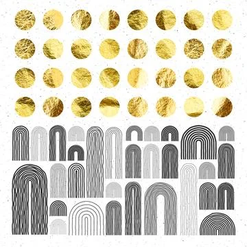 Mid century arch elements, modern geometric shapes. Gold foil, shiny handmade Illustrazione stock