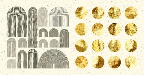 Mid century arch elements, modern geometric shapes. Gold foil, shiny handmade Illustrazione stock