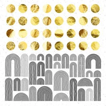 Mid century arch elements, modern geometric shapes. Gold foil, shiny handmade Illustrazione stock