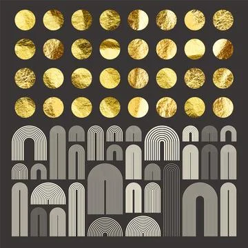 Mid century arch elements, modern geometric shapes. Gold foil, shiny handmade Stock Illustration