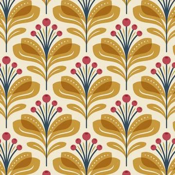 Mid Century Floral Pattern with Mustard Yellow Leaves and Red Berries Stock Illustration
