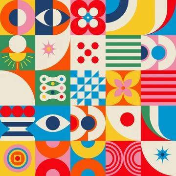 Mid-Century Geometric Grid Pattern with Sun and Eye Vector 스톡 일러스트