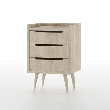 Mid century modern bedside table furniture design isolated on white, 3d render. Illustrazione stock