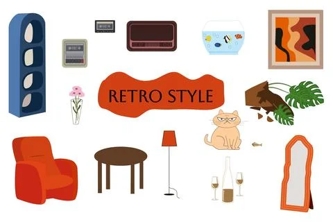 Mid century modern interior elements set Stock Illustration