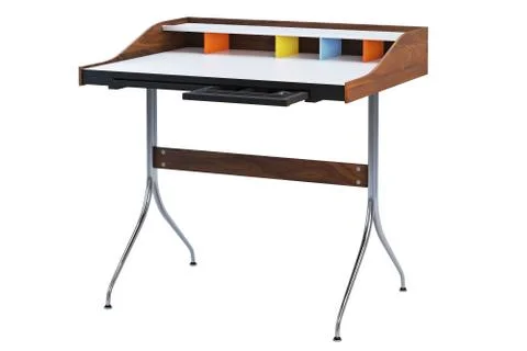 Mid century rectangular work table with storage. 3d render Stock Illustration