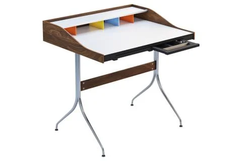 Mid century rectangular work table with storage. 3d render Stock Illustration