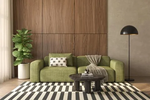 Mid century style conceptual dopamine interior room 3d illustration Stock Illustration