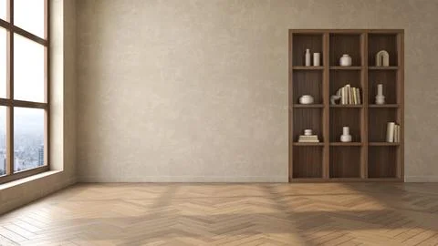 Mid century style conceptual empty interior room 3d illustration Ilustración de archivo